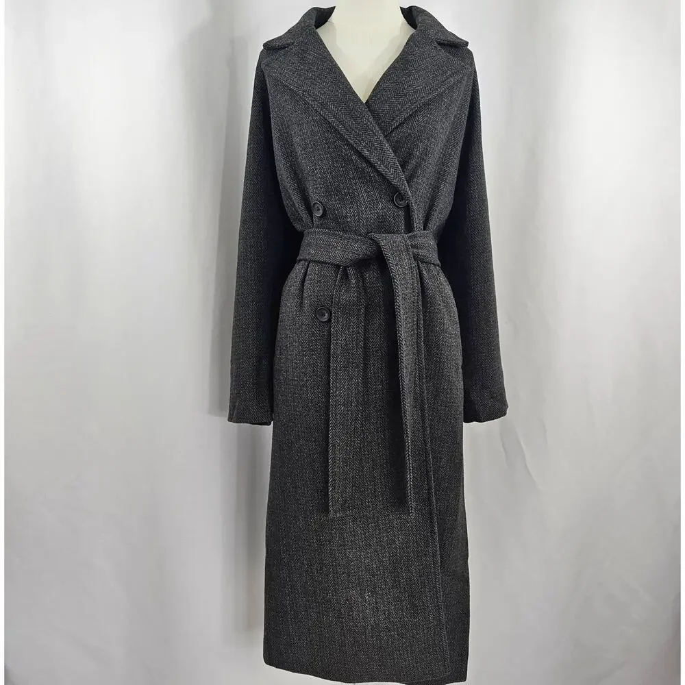 The Drop Jessy Grey Herringbone Double Breasted Long Overcoat Women's Size L NWT - Picture 2 of 16